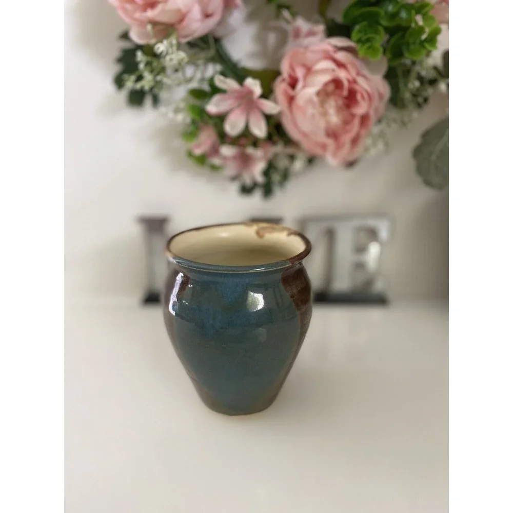 Blue and Brown Glazed Rare Signed by Artist Jen O MCM Studio Art Pottery Vase 5